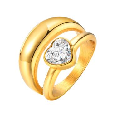 Imagem de Anel de declaração de cristal de coração para mulheres de aço inoxidável de camada dupla aliança de dedo zircônia cúbica amor corações alianças de casamento anel moda joias, Aço inoxidável, Sem pedra