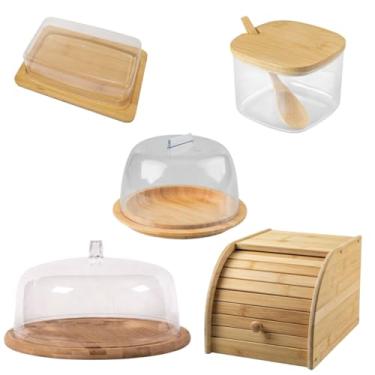 Imagem de Kit Mesa Posta Bambu 5 peças Porta Queijo Açucar Manteiga Bolo Pão