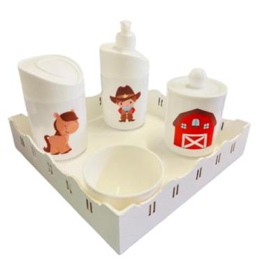 Imagem de Kit Higiene Baby Cowboy Menino c/bandeja em MDF (Quadrada branca/branca)