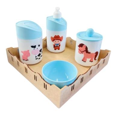 Imagem de Kit Higiene Baby Fazendinha Menino c/bandeja em MDF (Quadrada Crua/Azul)