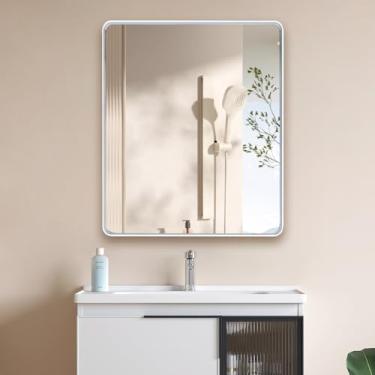 Imagem de miroro Espelho emoldurado de metal branco de 50 x 76 cm para parede, espelho retangular grande arredondado, antiferrugem, vidro temperado, pendurado horizontal ou verticalmente