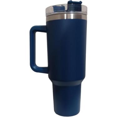 Imagem de +Bella Copo de 1,134 g com alça e tampa de palha. Copo isolado reutilizável de aço inoxidável garrafa de água caneca de viagem porta-copos. Presentes para mulheres homens ele ela. Coleção Trek. (azul)