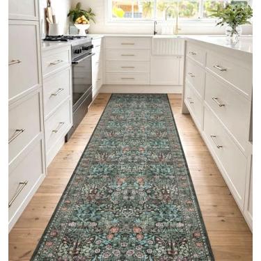 Imagem de Othilic Tapete antiderrapante lavável para corredor de cozinha – 5,5 x 20,3 cm de comprimento, preto, verde, corredor macio boho para corredores, vintage, botânico, lavanderia, tapete para quarto