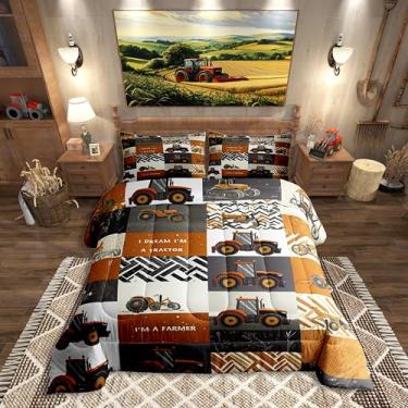 Imagem de Erosebridal Conjunto de cama casal trator agrícola de outono conjunto de edredom de engenharia, veículo de engenharia, colheitadeira, equipamento de construção, caminhão, edredom, 3 peças, laranja