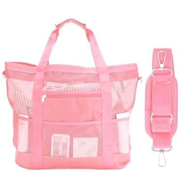 Imagem de wanchel Bolsa de praia de malha personalizada para mulheres - Sacola à prova d'água com inicial inicial para viagens em família, brinquedos, itens essenciais de férias, rosa, Large, Rosa com alça e