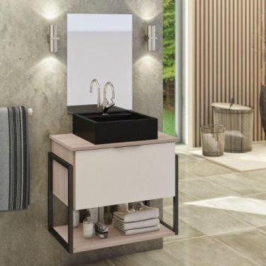 Imagem de Conjunto Tech 60cm Madeirado Branco Cuba Preta - Moveis Joia