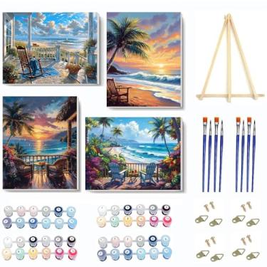 Imagem de VIGEGU Kit de pintura de paisagem por números para adultos com moldura, pintura de praia por número com cavalete de madeira, pintura a óleo acrílica faça você mesmo, para decoração de parede 23 x 30