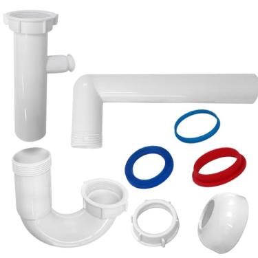 Imagem de Kit de encanamento P-Trap de ralo de pia de cozinha de PVC branco de 3,8 cm, J-Bend para pia de banheiro, tubo de drenagem de pia de cozinha, pia P-Trap conecta à parede