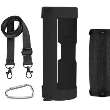 Imagem de Geekria Capa de silicone para alto-falante compatível com JBL Charge 5, capa protetora à prova d'água macia, alto-falantes Bluetooth de substituição para transporte de viagem com alça de ombro (preto)