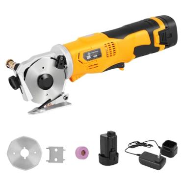 Imagem de MXBAOHENG Tesoura elétrica de tecido, máquina de corte de faca redonda sem fio, cortador rotativo portátil para tapete de couro de tecido (1 bateria) amarelo