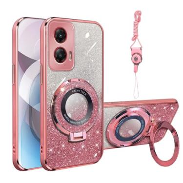 Imagem de Capa para Moto G Stylus 5G 2024 TPU macio luxuoso chapeamento magnético transparente à prova de choque com suporte [cartão e alça de glitter] capa de proteção para G Stylus 5G 2024 (rosa brilhante)