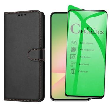 Imagem de Capa Carteira Flip Case para Samsung Galaxy A56 com Película Protetora Cerâmica Premium, Suporte Ajustável, Cobertura total da tela, Preto