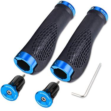 Imagem de TOPCABIN Pegas ergonômicas de bicicleta com travas de alumínio para bicicletas de estrada de montanha (plugue de bloqueio de alumínio + aderências) azul claro 1 par