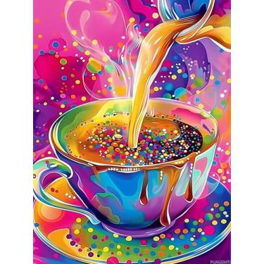 Imagem de PUAGEMTI Conjunto de pintura de diamante de café colorido 5D para adultos DIY Food Diamond Art Kits para iniciantes para decoração de parede de presente 30 x 40 cm
