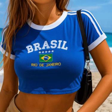 Imagem de Cropped Brasil Bordada Feminina - ToJoia18k, Azul claro, XG