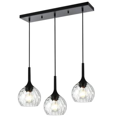 Imagem de VINLUZ Luminária Pendente Linear De 3 Luzes Para Ilha Cozinha Com Acabamento Preto, Lustre Moderno Cúpulas Vidro Canelado Redondo Sala Jantar E Corredor