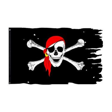 Imagem de FLAGLINK Cachecol Vermelho Caveira Ossos Jolly Roger Bandeira 9,5 cm x 4,8 m Cruz Pirata Banner Assustador Ragged