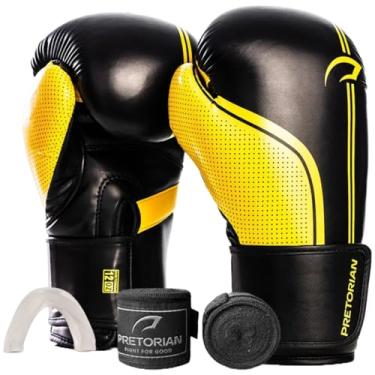 Imagem de Kit Luva de Boxe Muay Thai Kickboxing First FX1 Preto e Amarelo + Bandagem + Protetor Bucal + Bag - Pretorian (12oz)
