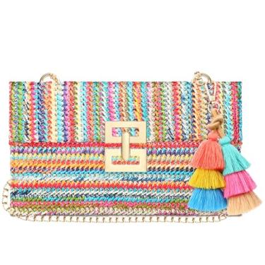 Imagem de Abbylike Bolsa clutch de palha com pingente de borla Boho para mulheres, bolsa tiracolo de tecido de verão, praia, bolsa transversal para festa na praia, férias, viagem (colorida)