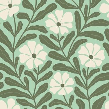 Imagem de Yullpaper Papel de parede floral verde descasque e cole papéis de parede botânicos para berçário, lavanderia, papel de parede removível, papel de parede floral verde para armário de cozinha, papel de