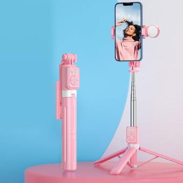 Imagem de Bastão de selfie rosa, um item essencial para meninas, antivibração, retrátil de 110 cm, com uma luz de preenchimento de beleza (destacável) e vem com um controle remoto Bluetooth (rosa, modelo de