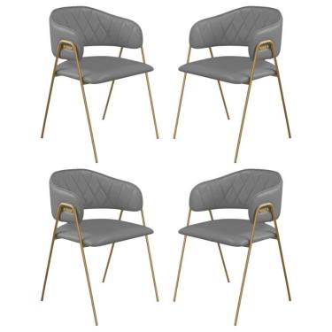 Imagem de Conjunto 4 Cadeiras Veneza Couro Cinza Metal Dourado