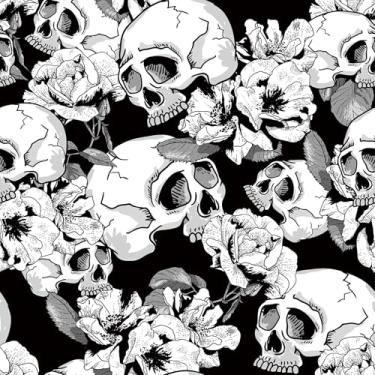 Imagem de Livelynine Papel de parede gótico descascar e colar crânio preto e branco rosas flor caprichoso papel de parede gótico banheiro locatário papel de contato amigável impermeável mansão assombrada vinil