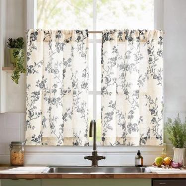 Imagem de Cortinas de cozinha jinchan Floral Linen Tier 36 cm 2 painéis