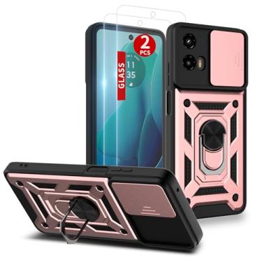 Imagem de Capa para Moto G-5g-2024: com protetor de tela de 2 peças, capa de câmera deslizante e suporte para capa de celular Moto G 2024, ouro rosa