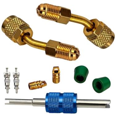 Imagem de Kit adaptador R410A, mini adaptador dividido 5/16 para 1/4 acoplador R410A mangueira de refrigerante conector removedor de núcleo de válvula, kit de bomba de vácuo mini dividido (2 ângulos)