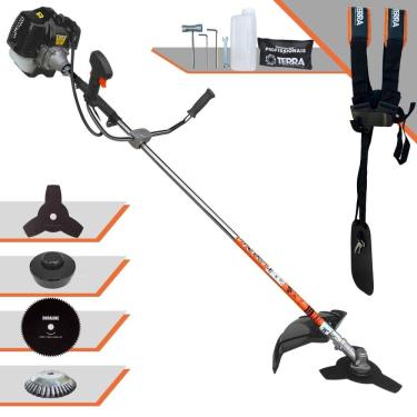 Imagem de Roçadeira Podador de Grama Terra GRH-430 À Gasolina 2T 43cc 1,7HP Completa Com Carretel de Nylon + Faca 3 Pontas + Faca 80 Dentes + Escova de Aço