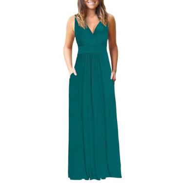 Imagem de Vestido longo feminino AUSELILY com decote em V profundo, solto, verde