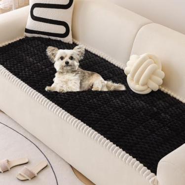 Imagem de vctops Capa de sofá de pele sintética preta para cães, lavável, felpuda para sofá de 3 almofadas, capa de sofá antiderrapante (preta, 71 x 150 cm)