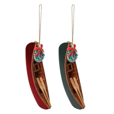 Imagem de NAUTIMALL Enfeites de canoa de Natal, barco de madeira com remos e grinalda, decorações de árvore de férias, vermelho e verde, conjunto de 2