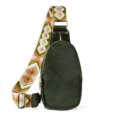 Imagem de KlaOYer Bolsas de couro femininas transversais pequenas bolsas de peito com alça de guitarra para gril lady, Verde escuro, Large, Transversal