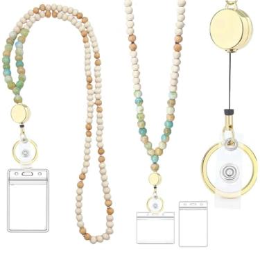 Imagem de Lindos cordões de pedra de madeira para crachás de identificação, cordão retrátil com contas para mulheres, cordão de professor com suporte de identificação (verde)
