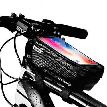 Imagem de Bolsa de moldura para bicicleta, suporte de telefone para bicicleta MOZOWO, suporte frontal de ciclismo à prova d'água, bolsa de armazenamento de guidão para bicicleta, suporte de telefone com barra transversal para iPhone XS MAX XR X 8 7 6S Plus Smartphones abaixo de 6,2 polegadas, Preto