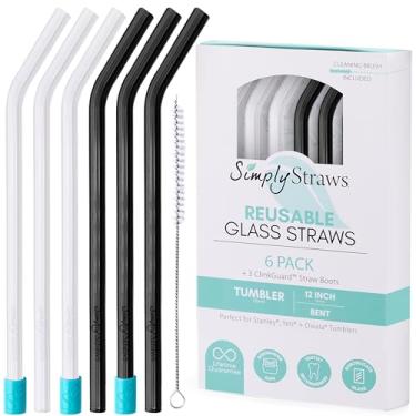 Imagem de Simply Straws Canudos de vidro de 30 cm dobrados (pacote com 6) – Canudos de vidro reutilizáveis para copo Stanley de 1,134 g, com escova de limpeza – Durável, seguro para lava-louças, uso quente e