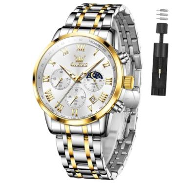 Imagem de OLEVS Relógio masculino de luxo, analógico, quartzo, à prova d'água, luminoso, aço inoxidável, data, dois tons, casual, relógio de pulso masculino, G5529 - prata, ouro, prata, round, Relógio de luxo