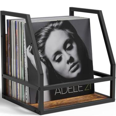 Imagem de Y&M Caixa de armazenamento de discos de vinil 2 em 1, 1 suporte de LP de madeira, suporte de parede ou organizador de álbum de metal de mesa, comporta mais de 80 discos, prateleira de exibição de