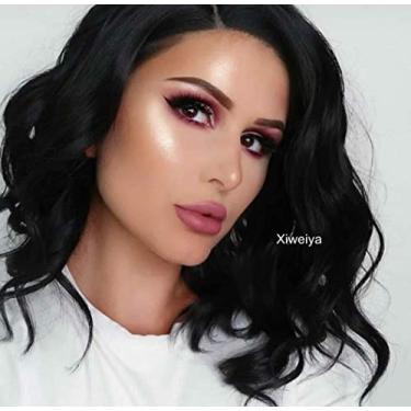 Imagem de xiweiya Peruca de cabelo preto encaracolado curto com tela sintética frontal 33 x 7 renda preta fibra resistente ao calor para mulheres 35,5 cm