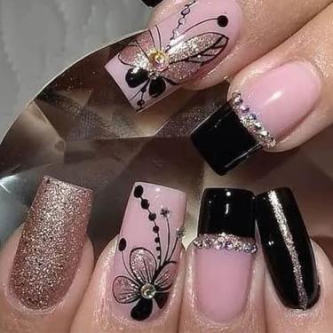 Imagem de Unhas postiças pretas com ponta francesa, comprimento médio, unhas postiças quadradas com glitter, desenhos de borboleta e strass, unhas artificiais, cola acrílica brilhante nas unhas, 24 peças