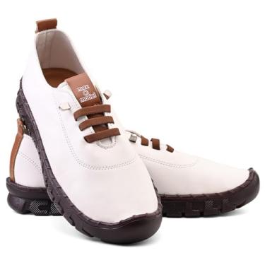 Imagem de Sapatênis Feminino Casual em Couro Verniz, Sola Flexível com Cadarço em Elastico (MX-A Branco/Caramelo, BR, Adulto, Numérico, 34)