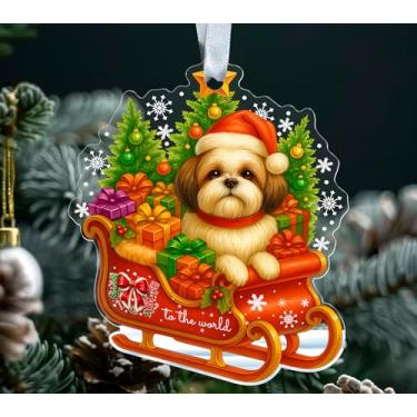 Imagem de Enfeite de Natal Shih Tzu Acrílico - Filhote de cachorro Shih Tzu no trenó de Papai Noel - Decoração de Natal - Presente para amantes de cães