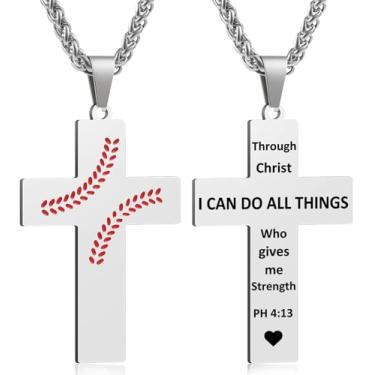 Imagem de Colar masculino com cruz de beisebol, versículo bíblico, pingente, presente para aniversário, Natal, batismo, cristão, religioso, acessórios de beisebol, presentes, Small, Aço inoxidável, Sem Pedra