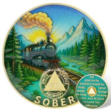 Imagem de Leafence Moeda AA Sobriety Alcoólicos Anônimos Chip de Recuperação com Oração Serenidade, Design de Trem e Montanha Medalhão Token AA para Presente de Sobriedade do Programa de 12 Passos (Moeda de