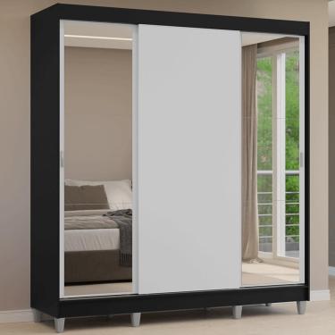 Imagem de Guarda-Roupa Casal com Pés 3 Portas de Correr com Espelhos Preto/Branco Reno Madesa