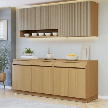 Imagem de Cozinha Completa Modulada 4 Peças 8 Portas 3 Gavetas com Rodapé 100% Mdf Carvalho/Greige