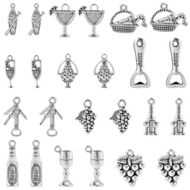 Imagem de SUNNYCLUE 1 caixa, 60 peças, 12 estilos, pingentes temáticos de vinho, garrafa de vinho, liga de prata, sortidos, garrafa de vidro, coquetel, formato de uva, pingentes para fazer joias, degustação