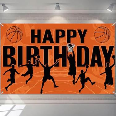 Imagem de HOMETITUTE Faixa vintage feliz aniversário cesta de basquete silhuetas de enterrada laranja tema esportivo feriado evento decoração faixa de aniversário festa interior exterior fundo 71x43 polegadas